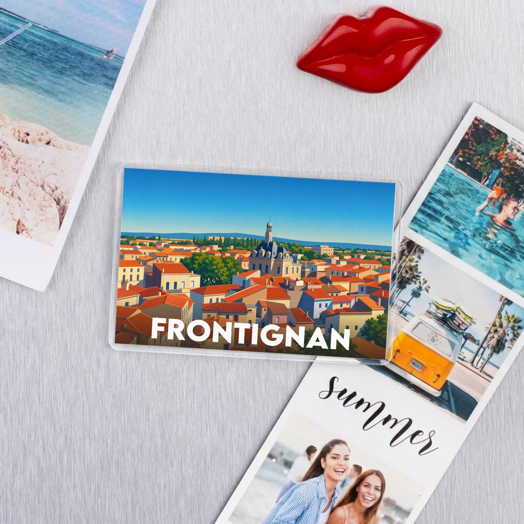 Magnet souvenir de la ville de Frontignan avec une illustration stylisée et colorée.
