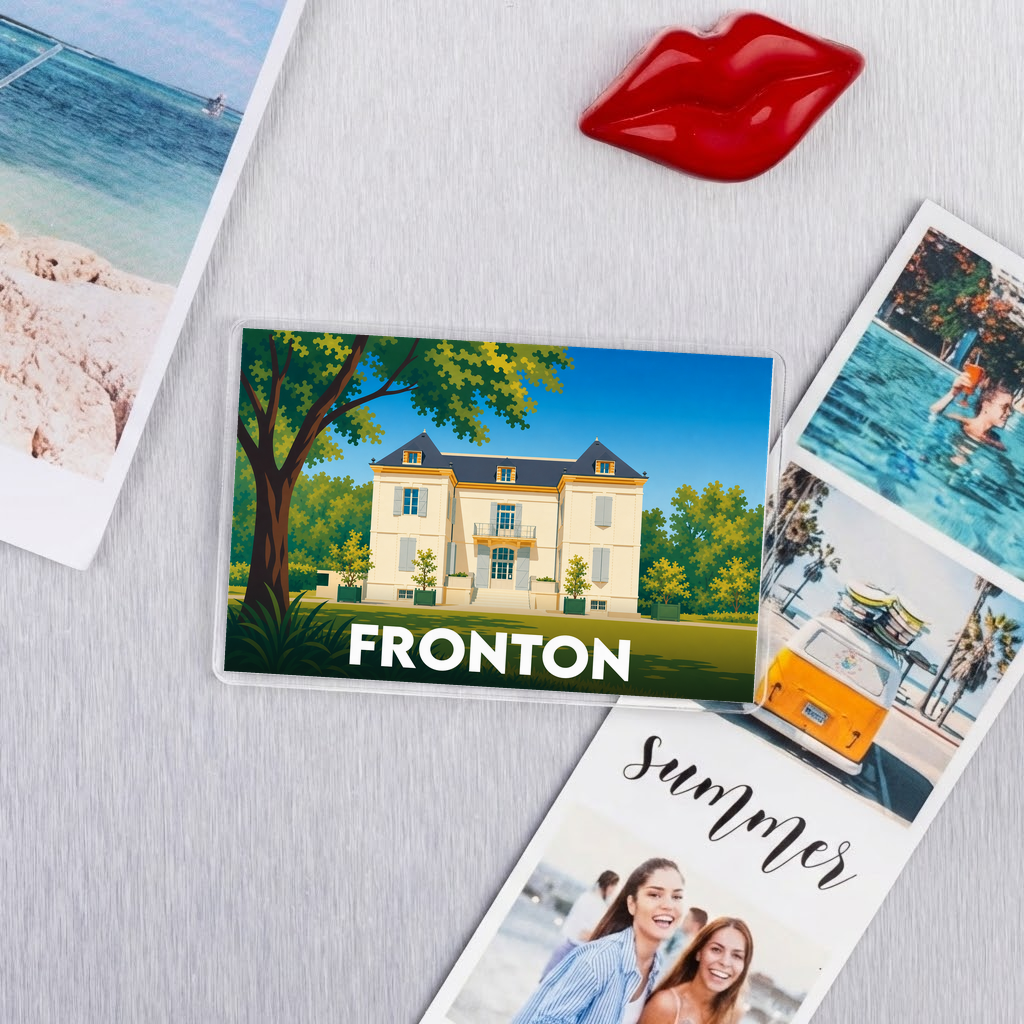 Magnet souvenir de la ville de Fronton avec une illustration stylisée d'une bâtisse historique.