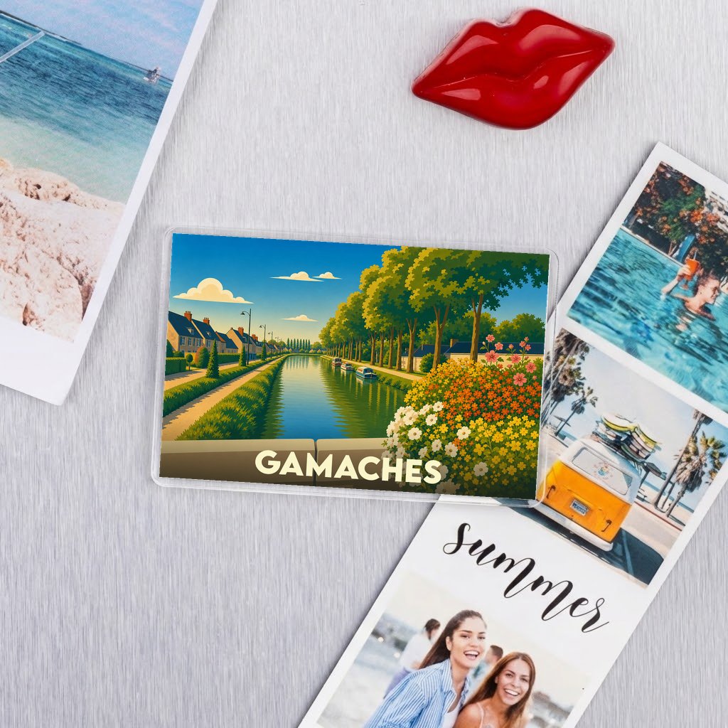 Magnet souvenir de la ville de Gamaches avec une illustration stylisée d'un canal bordé d'arbres.
