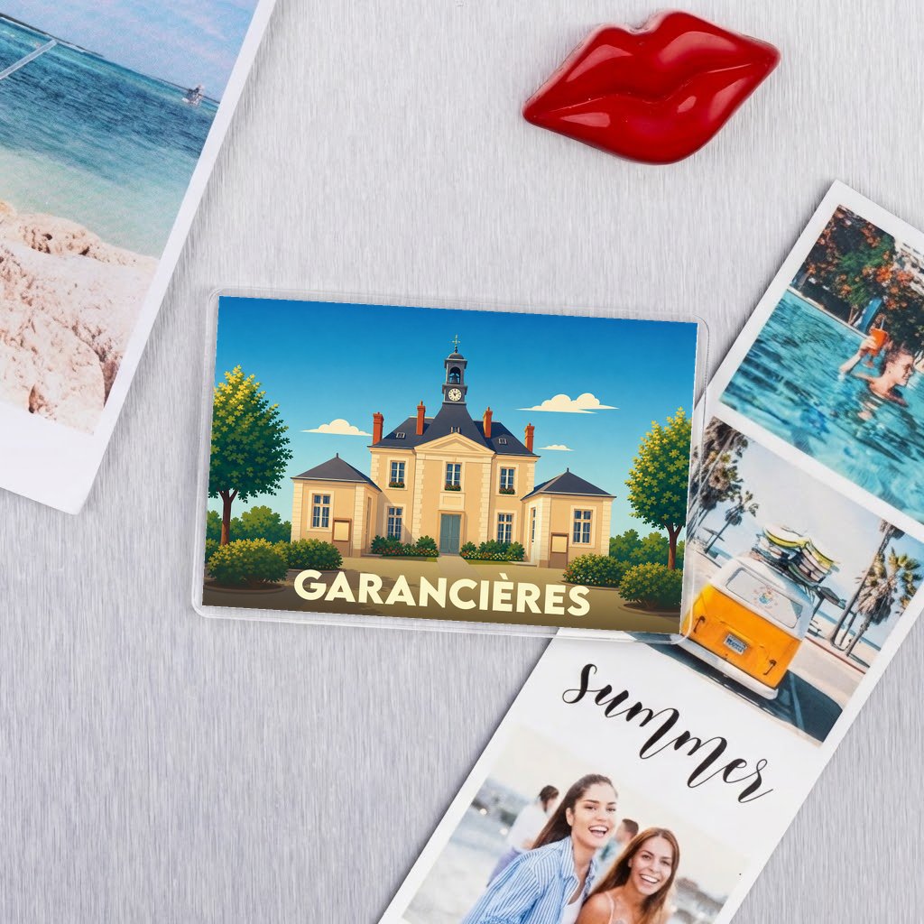 Magnet souvenir de la ville de Garancières avec une illustration stylisée de sa mairie.
