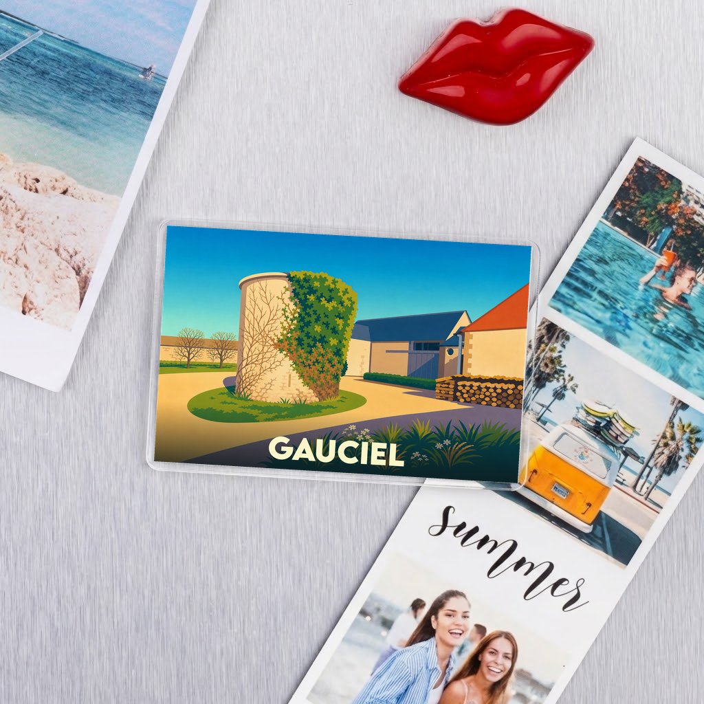 Magnet souvenir de la ville de Gauciel avec une illustration stylisée.