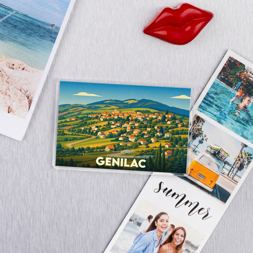 Magnet souvenir de la ville de Genilac avec une illustration stylisée de son paysage vallonné.