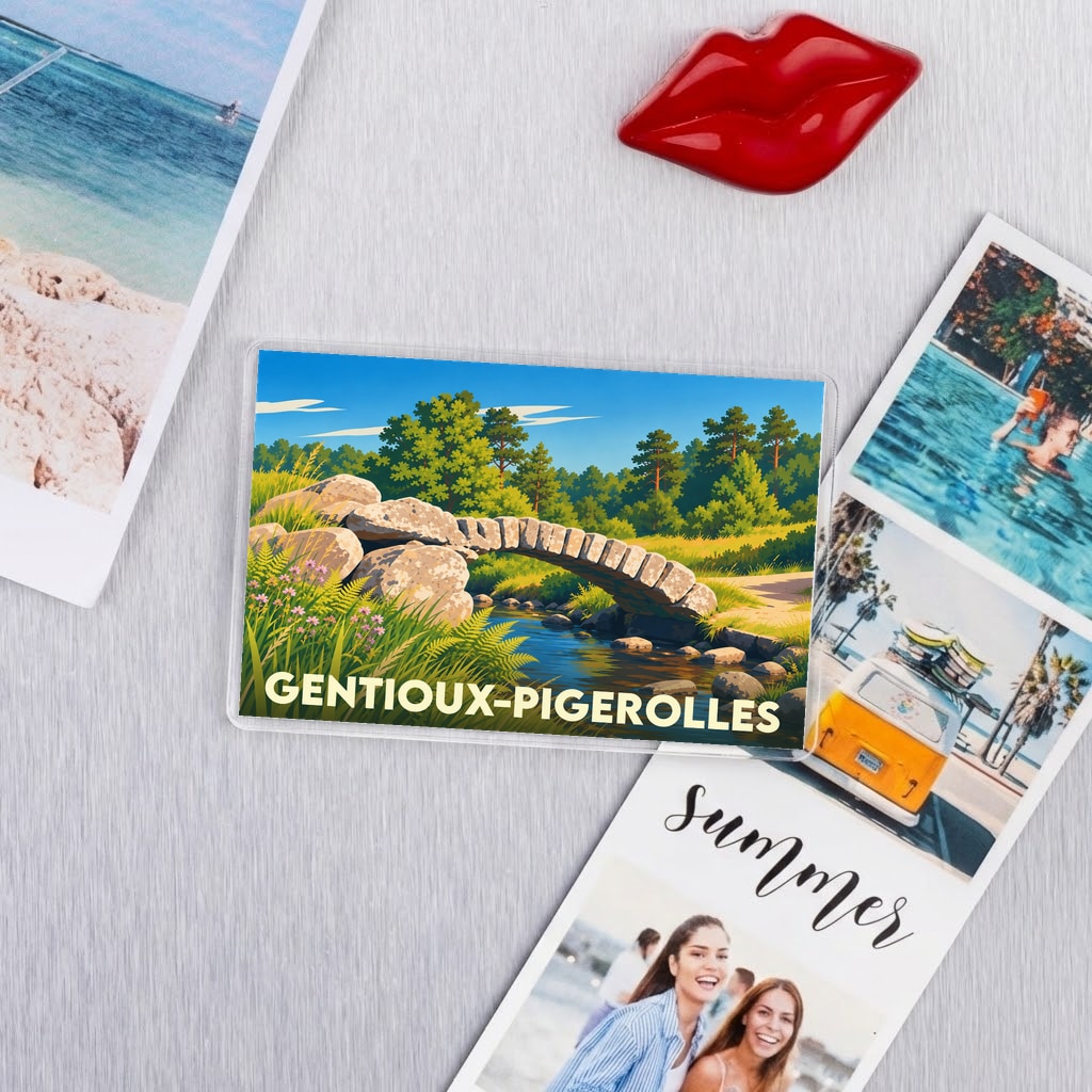Magnet souvenir de la ville de Gentioux-Pigerolles avec une illustration stylisée d'un pont en pierre.