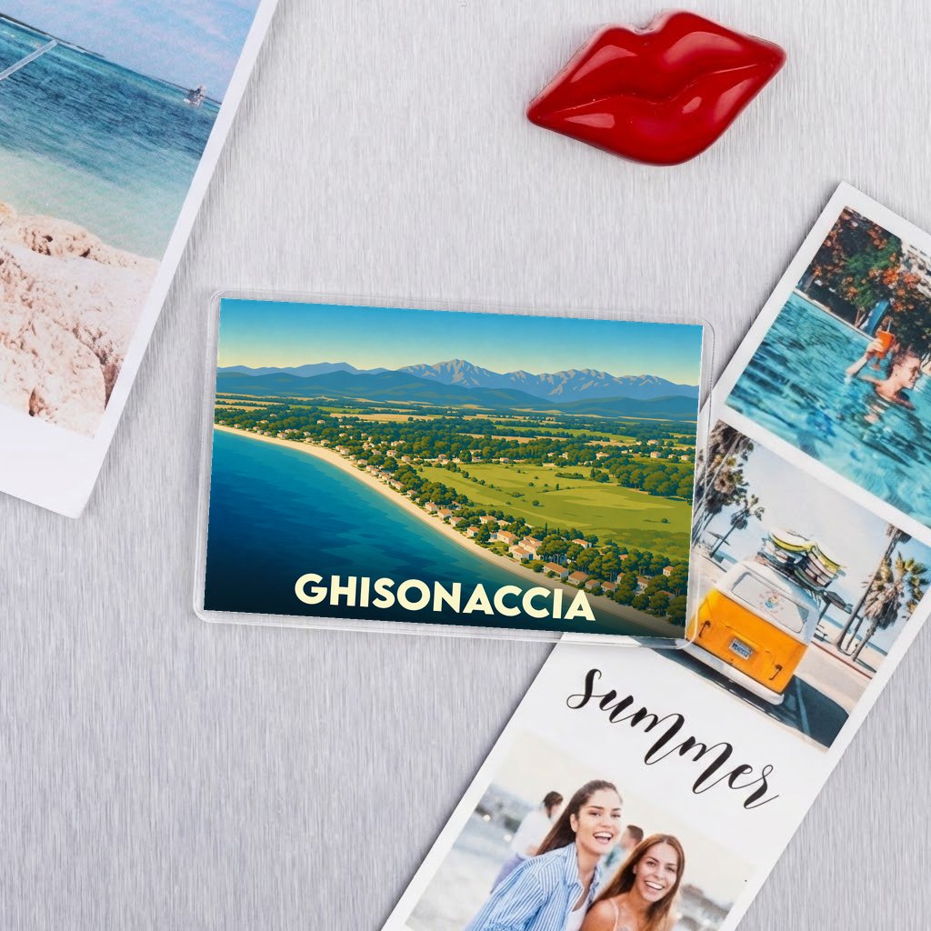 Magnet souvenir de la ville de Ghisonaccia avec une illustration de son littoral et de ses montagnes.