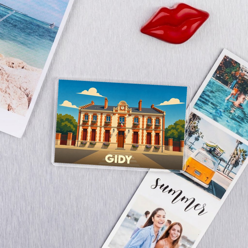 Magnet souvenir de la ville de Gidy avec une illustration stylisée de sa mairie.