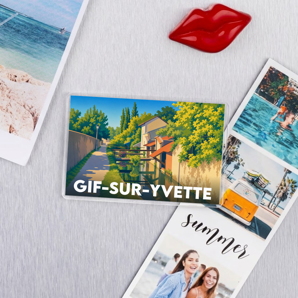 Magnet souvenir de la ville de Gif-sur-Yvette avec une illustration colorée et stylisée.