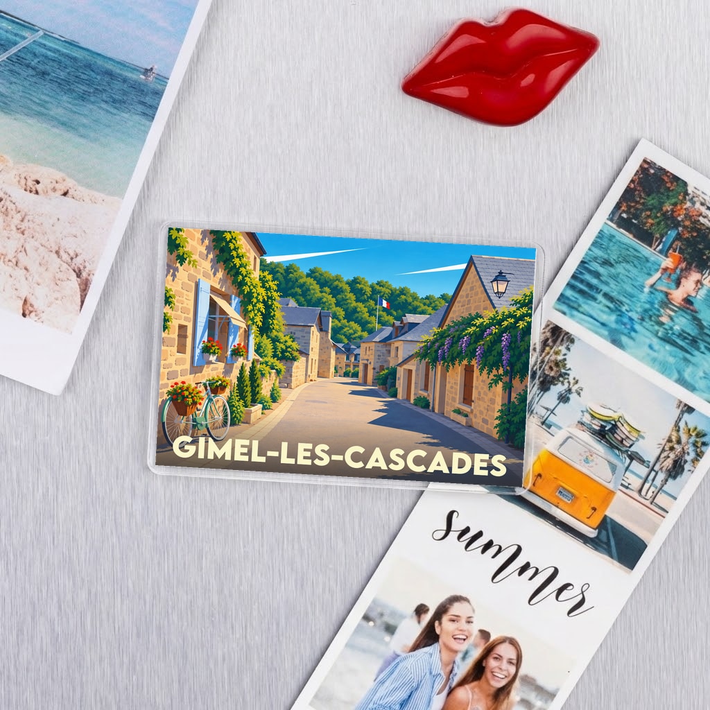 Magnet souvenir de la ville de Gimel-les-Cascades avec une illustration stylisée d'une ruelle ensoleillée.