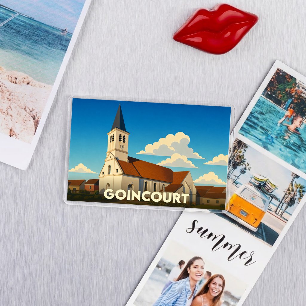 Magnet souvenir de la ville de Goincourt avec une illustration stylisée de son église.