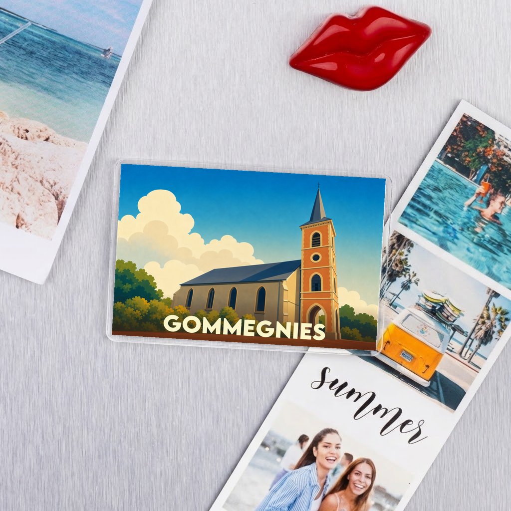 Magnet souvenir de la ville de Gommegnies avec une illustration stylisée de son église.