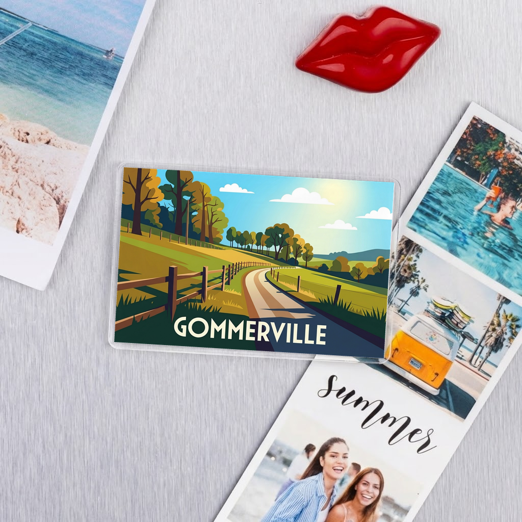 Magnet souvenir de la ville de Gommerville avec une illustration stylisée d'un paysage champêtre.