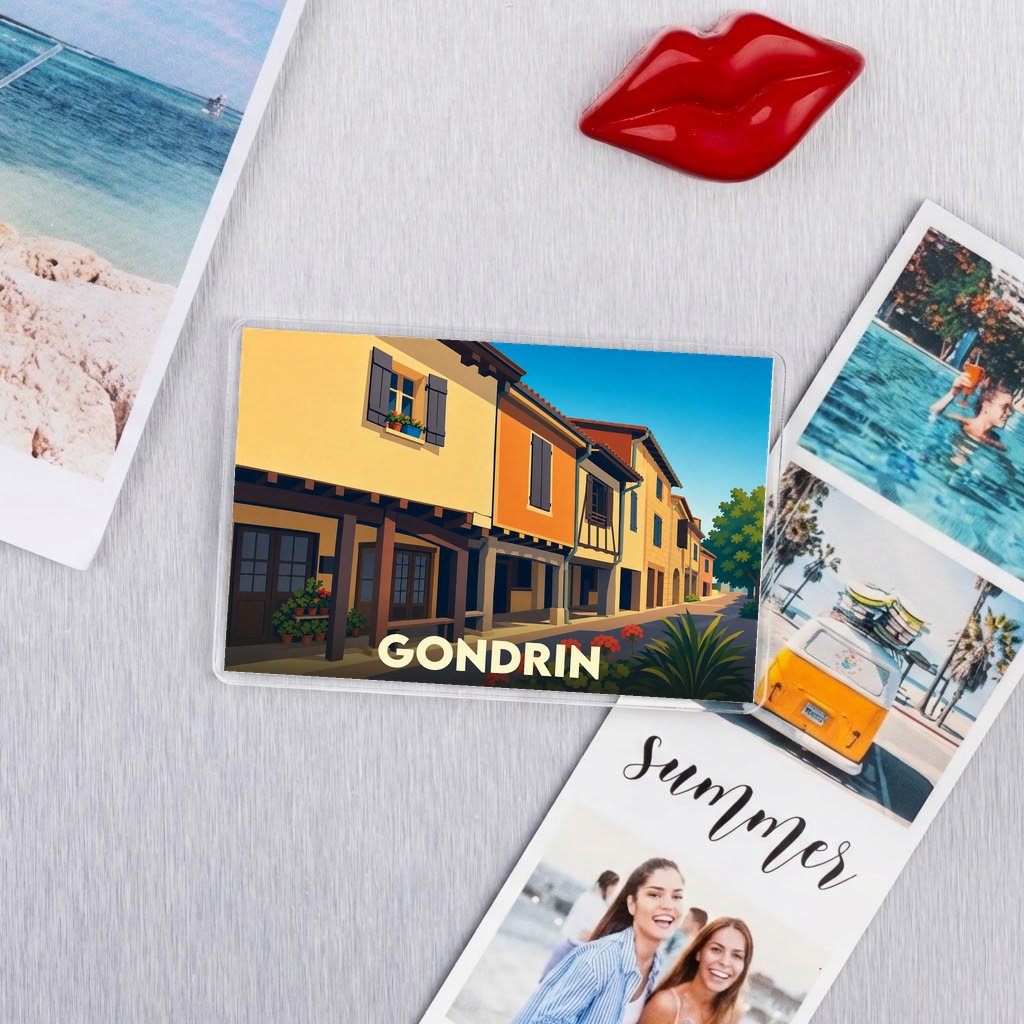 Magnet souvenir de la ville de Gondrin avec une illustration stylisée de maisons colorées.