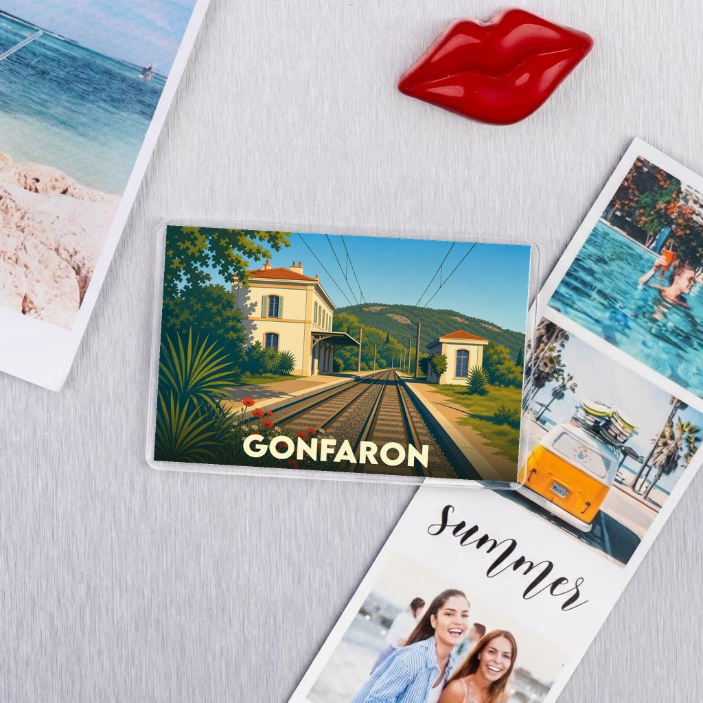 Magnet souvenir de la ville de Gonfaron avec une illustration stylisée d'une gare ferroviaire.