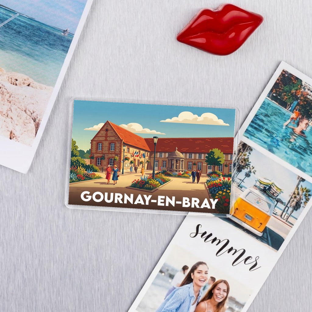 Magnet souvenir de la ville de Gournay-en-Bray avec une illustration stylisée et colorée.