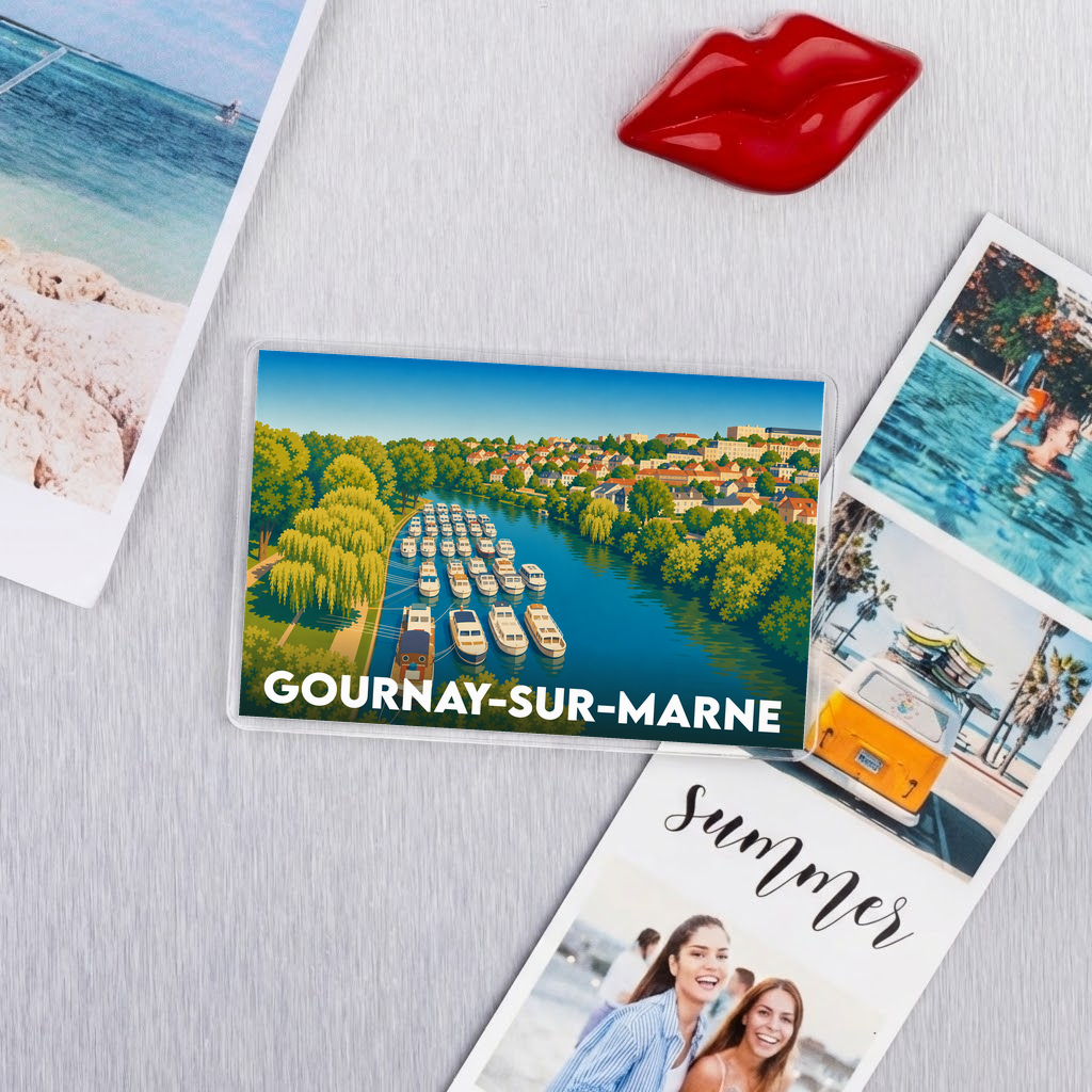Magnet rectangulaire de la ville de Gournay-sur-Marne illustrant des bateaux sur une rivière arborée.