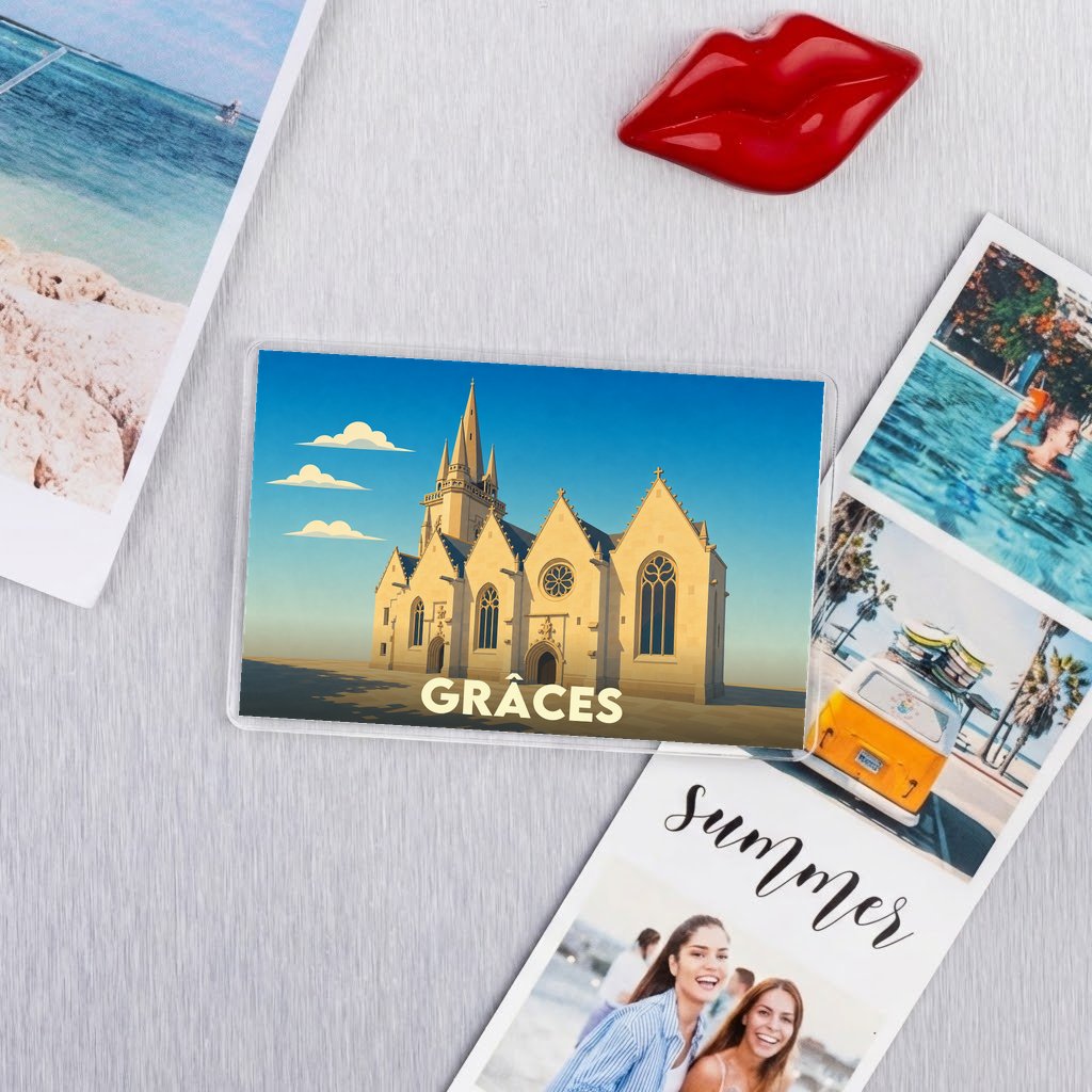 Magnet souvenir de la ville de Grâces avec une illustration stylisée de son église.