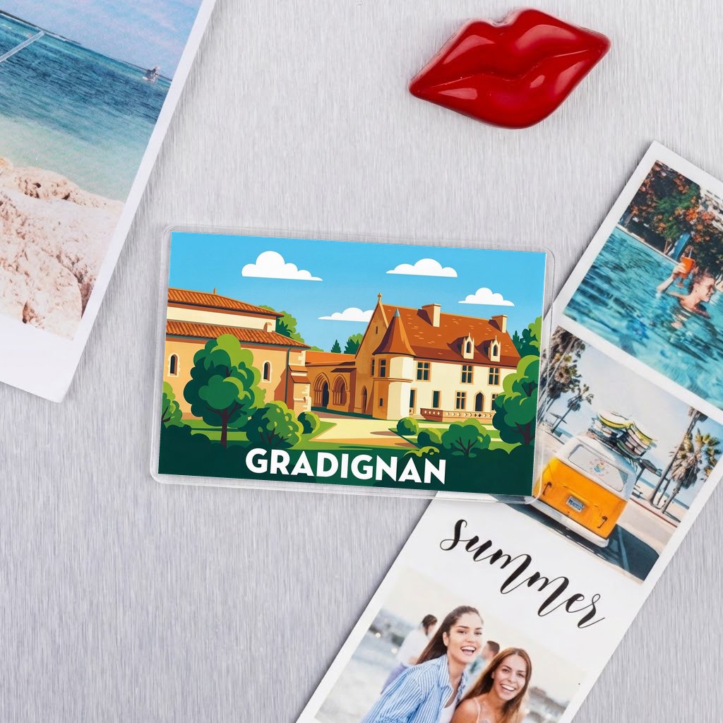 Magnet souvenir de la ville de Gradignan avec une illustration stylisée de son architecture.