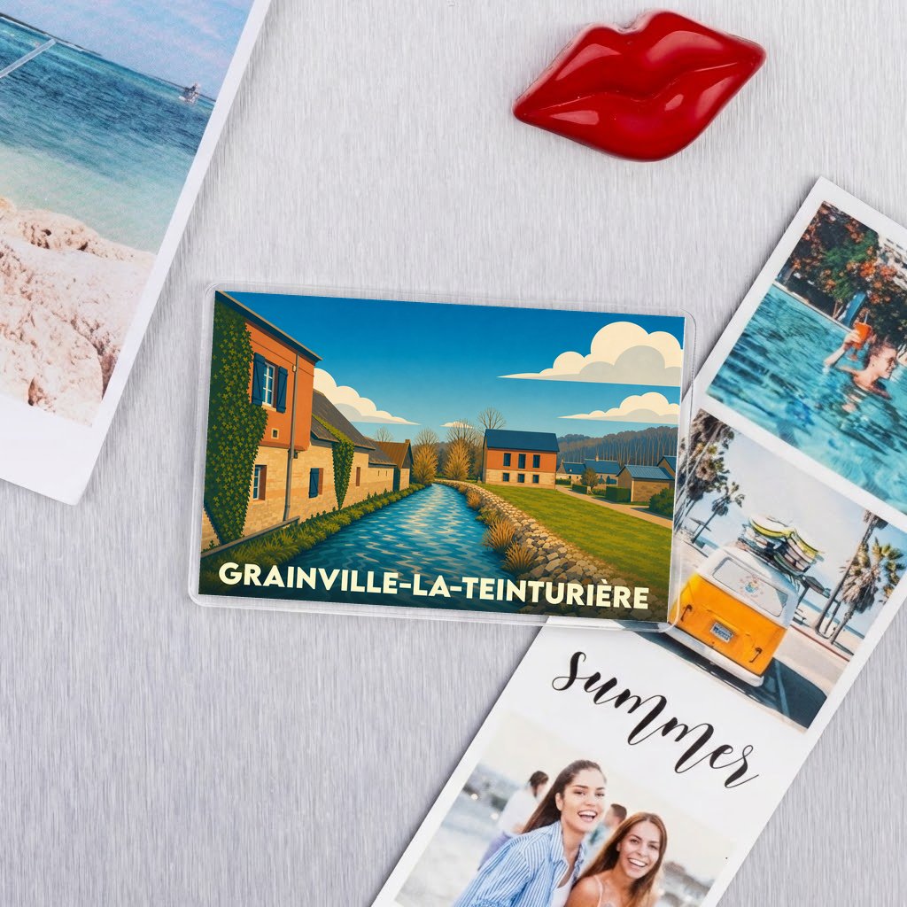 Magnet souvenir de la ville de Grainville-la-Teinturière avec une illustration stylisée d'un cours d'eau bordé de maisons.