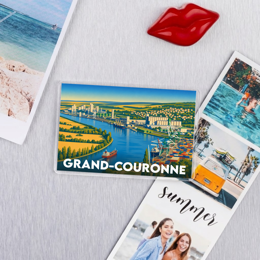 Magnet souvenir de la ville de Grand-Couronne avec une illustration stylisée de son port et de ses paysages.