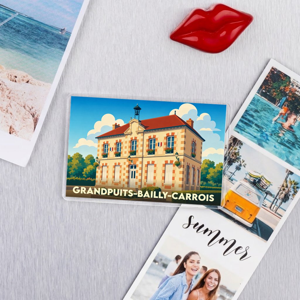 Magnet souvenir de la ville de Grandpuits-Bailly-Carrois avec une illustration stylisée de sa mairie.