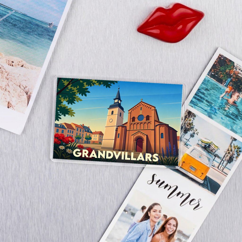 Magnet souvenir de la ville de Grandvillars avec une illustration stylisée de son église.