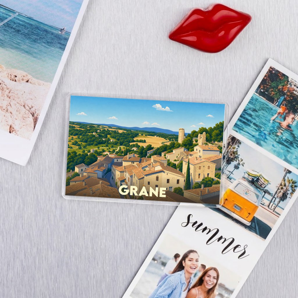 Magnet souvenir de la ville de Grane avec une illustration stylisée.