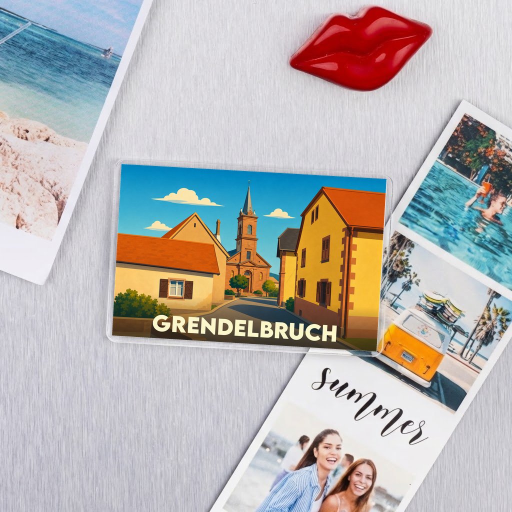 Magnet souvenir de la ville de Grendelbruch avec une illustration stylisée.