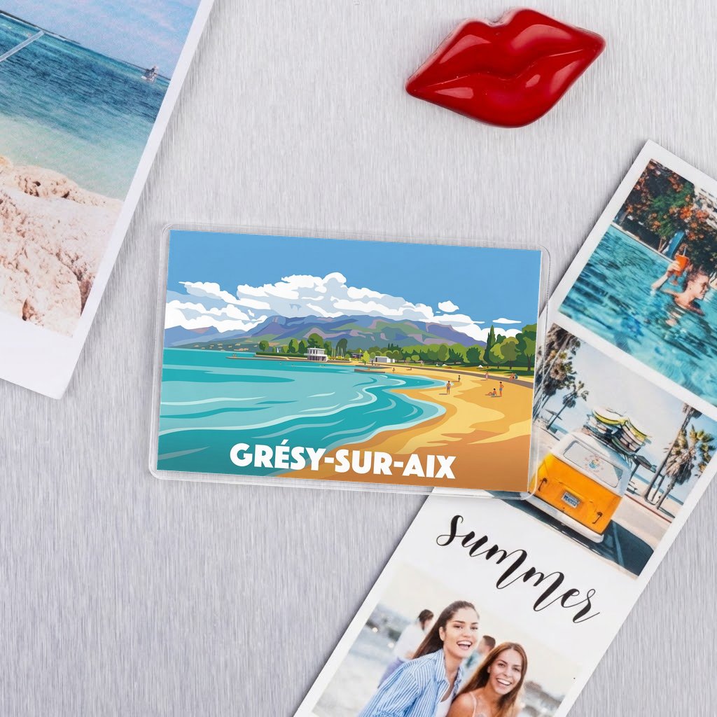 Magnet souvenir de la ville de Grésy-sur-Aix avec une illustration stylisée.
