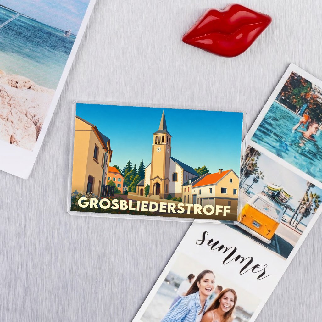 Magnet souvenir de la ville de Grosbliederstroff avec une illustration stylisée.