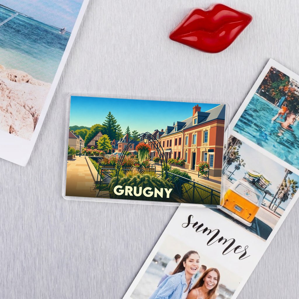 Magnet souvenir de la ville de Grugny avec une illustration colorée et stylisée de son paysage urbain.