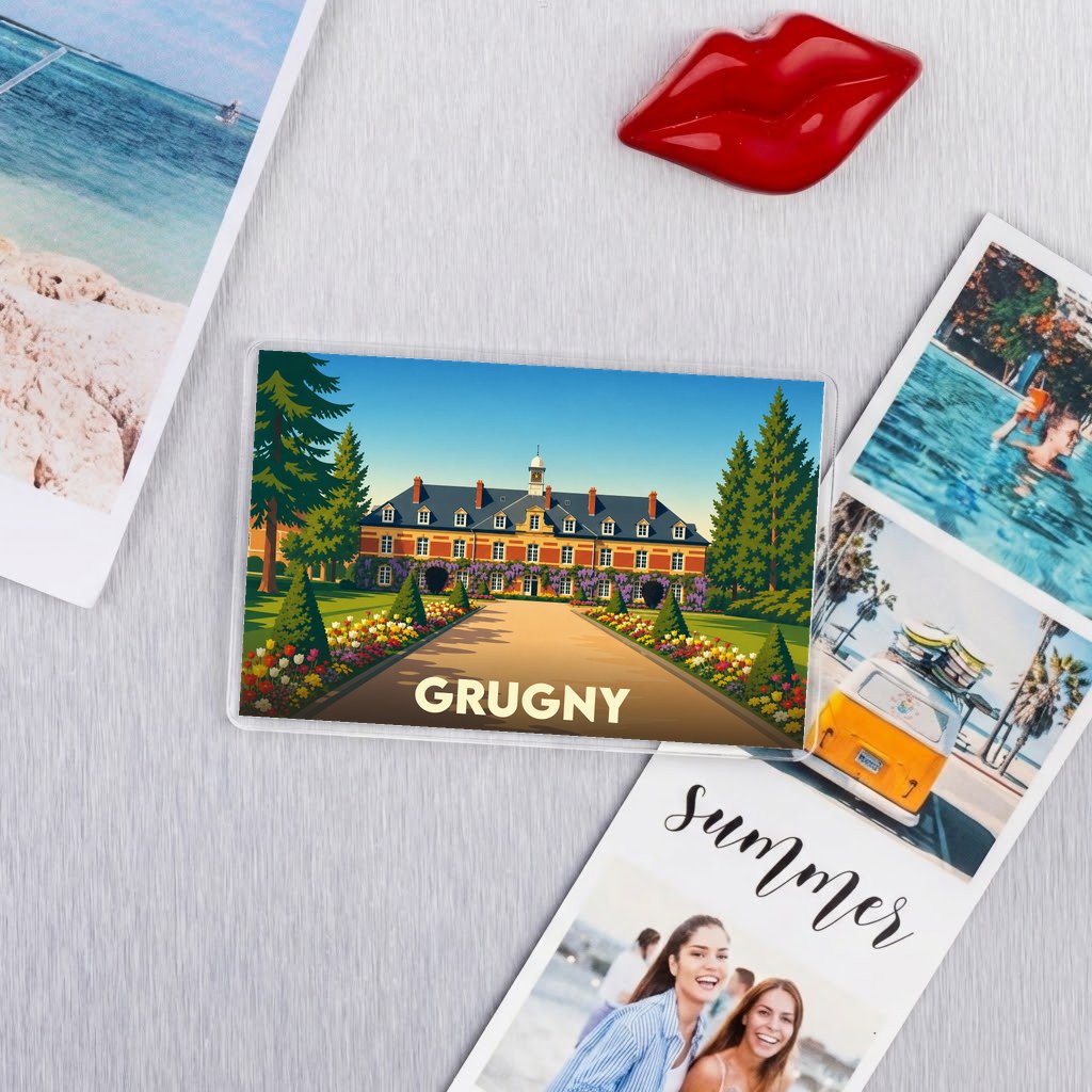 Magnat souvenir de la ville de Grugny avec une illustration stylisée d'un bâtiment historique.