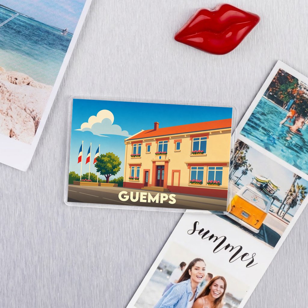 Magnet souvenir de la ville de Guemps avec une illustration stylisée de sa mairie.