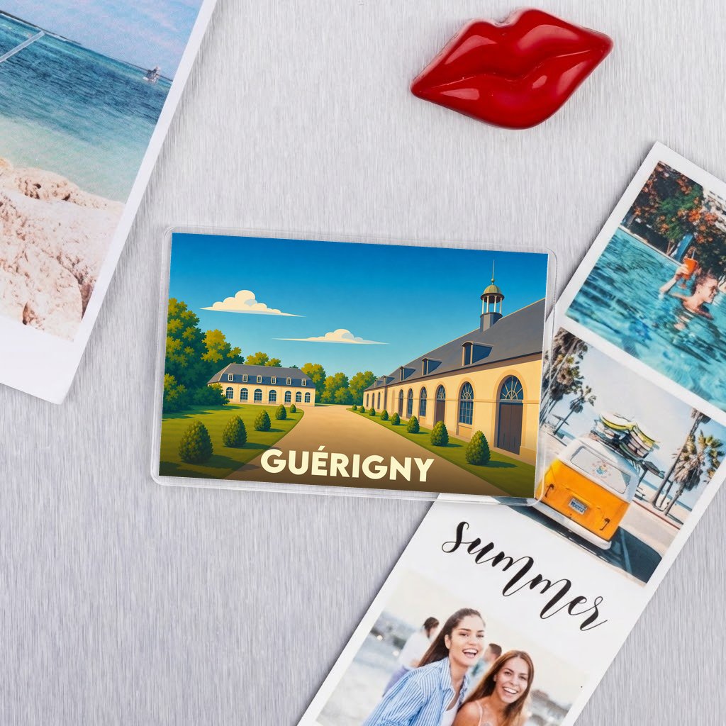 Magnet souvenir de la ville de Guérigny avec une illustration stylisée d'un bâtiment historique.