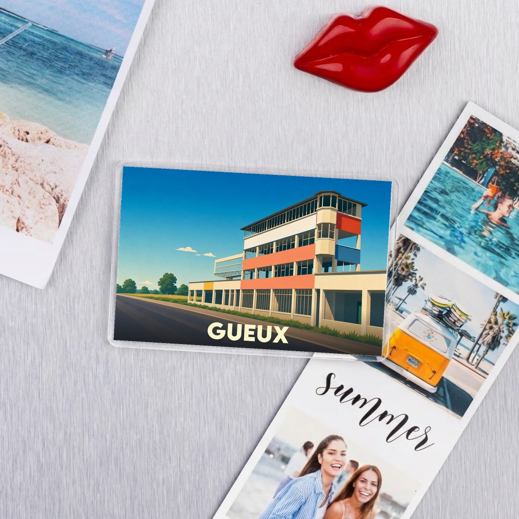 Magnet rectangulaire souvenir de la ville de Gueux avec une illustration stylisée du circuit de Reims-Gueux.