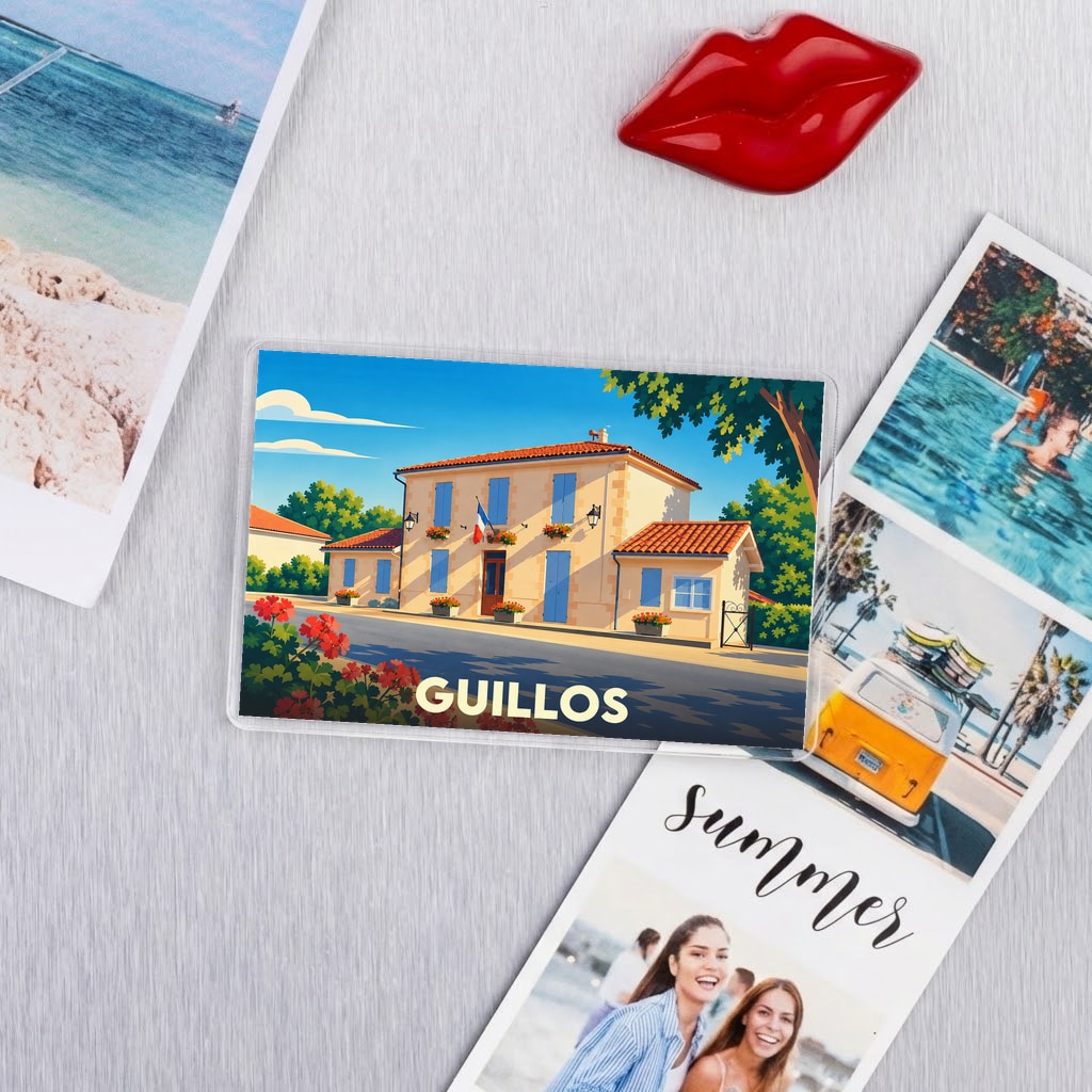 Magnet souvenir de la ville de Guillos arborant une illustration stylisée de sa mairie.