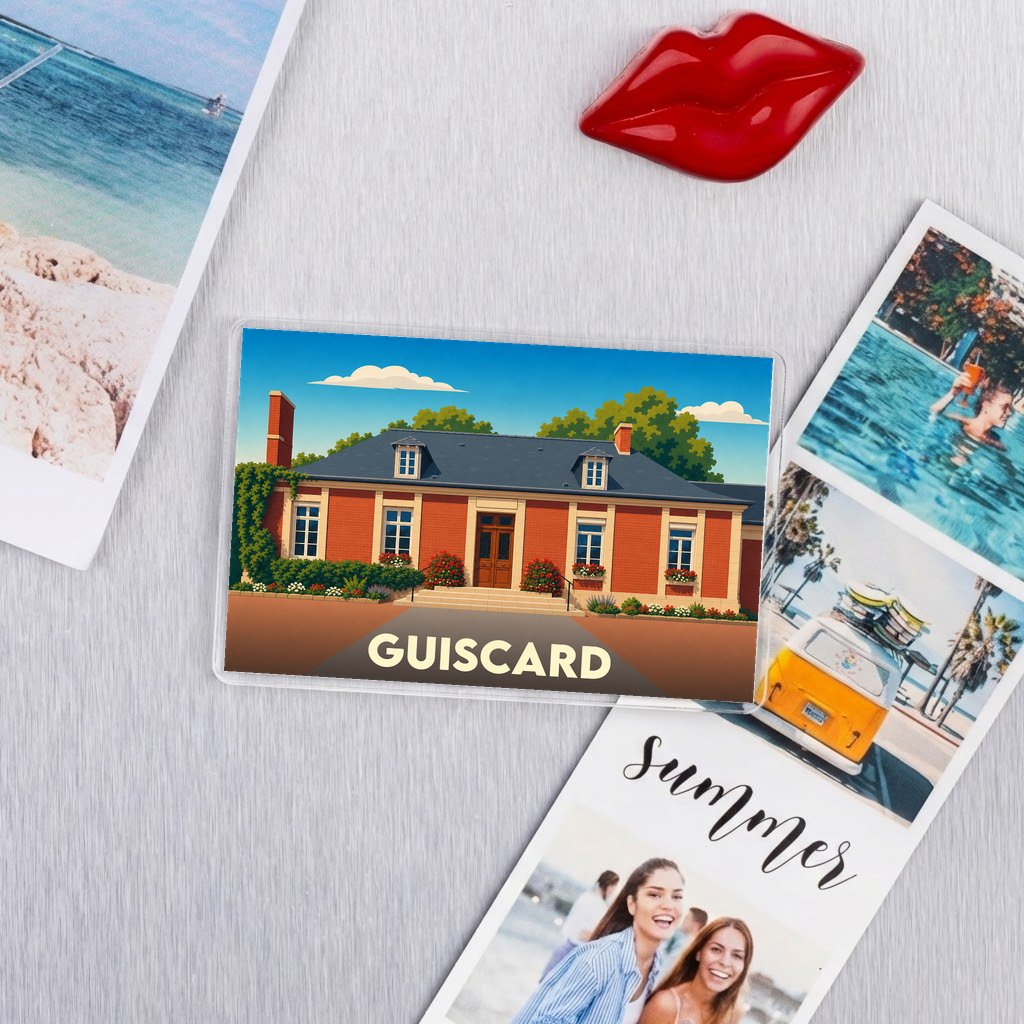 Magnet souvenir de la ville de Guiscard avec une illustration stylisée d'une maison traditionnelle.