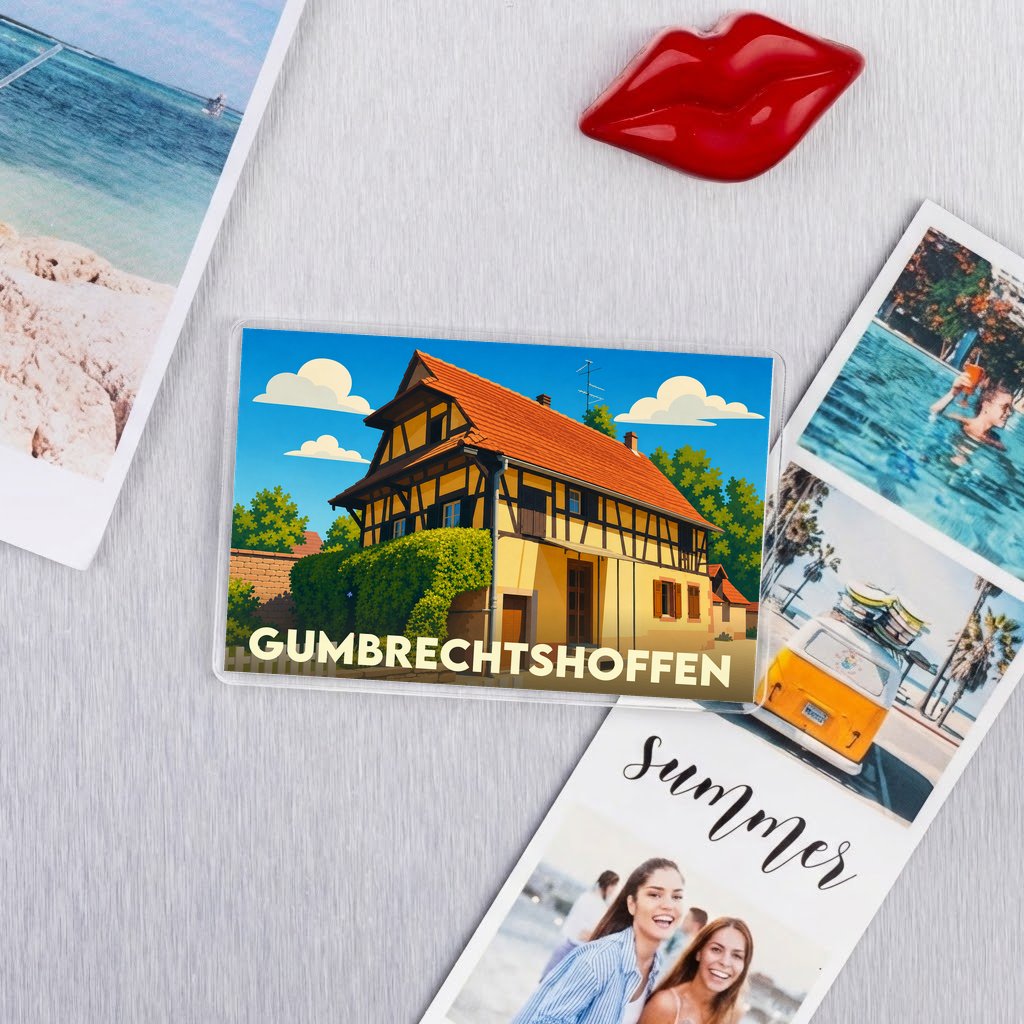 Magnat souvenir de la ville de Gumbrechtshoffen avec une illustration stylisée d'une maison à colombages.