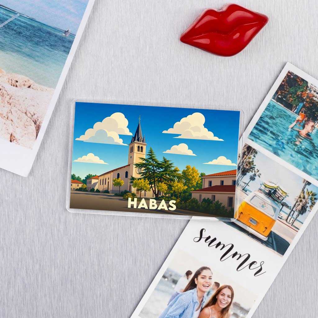 Magnet souvenir de la ville de Habas avec une illustration stylisée de son église sous un ciel nuageux.