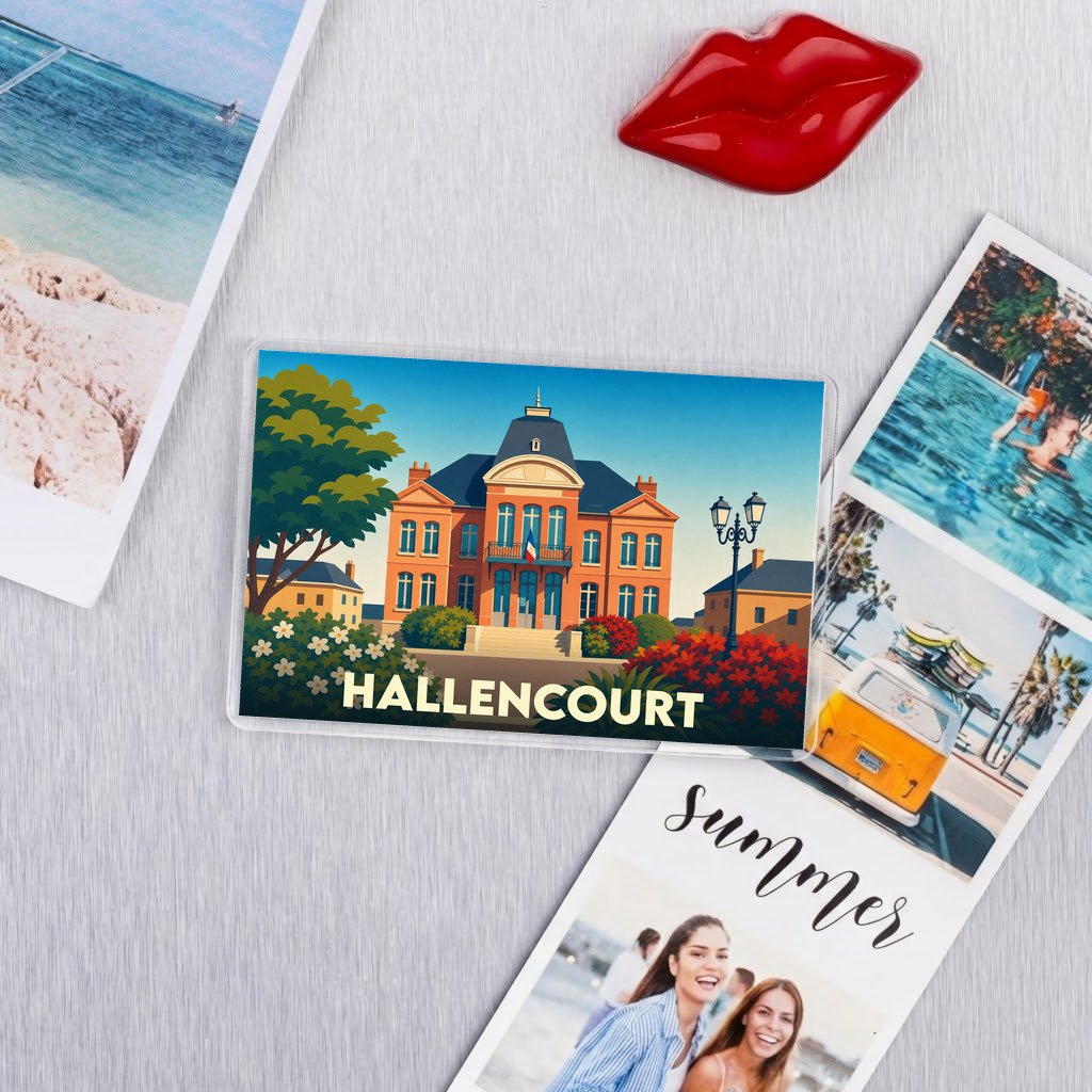 Magnet souvenir de la ville de Hallencourt avec une illustration colorée et stylisée.