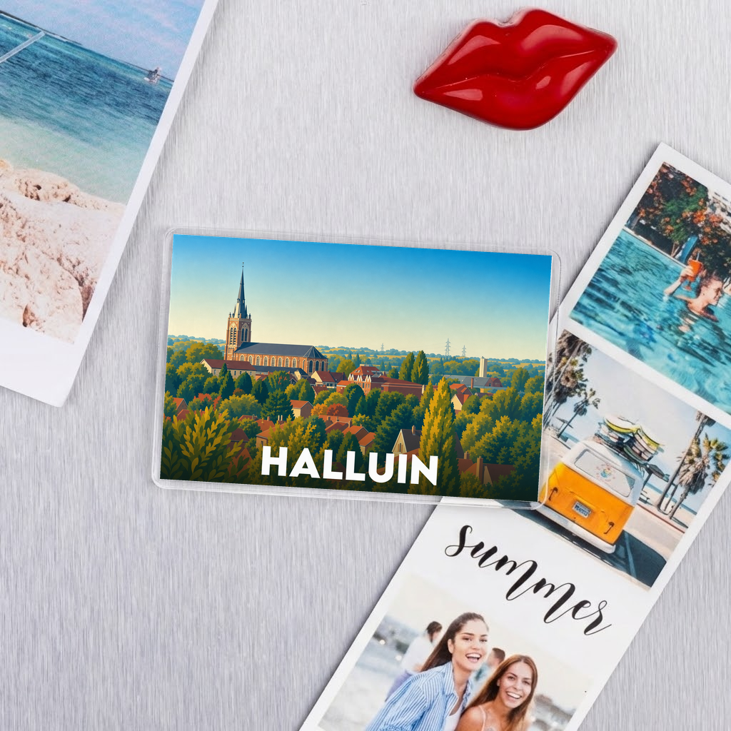 Magnet souvenir de la ville de Halluin avec une illustration stylisée de son paysage urbain et de son église.