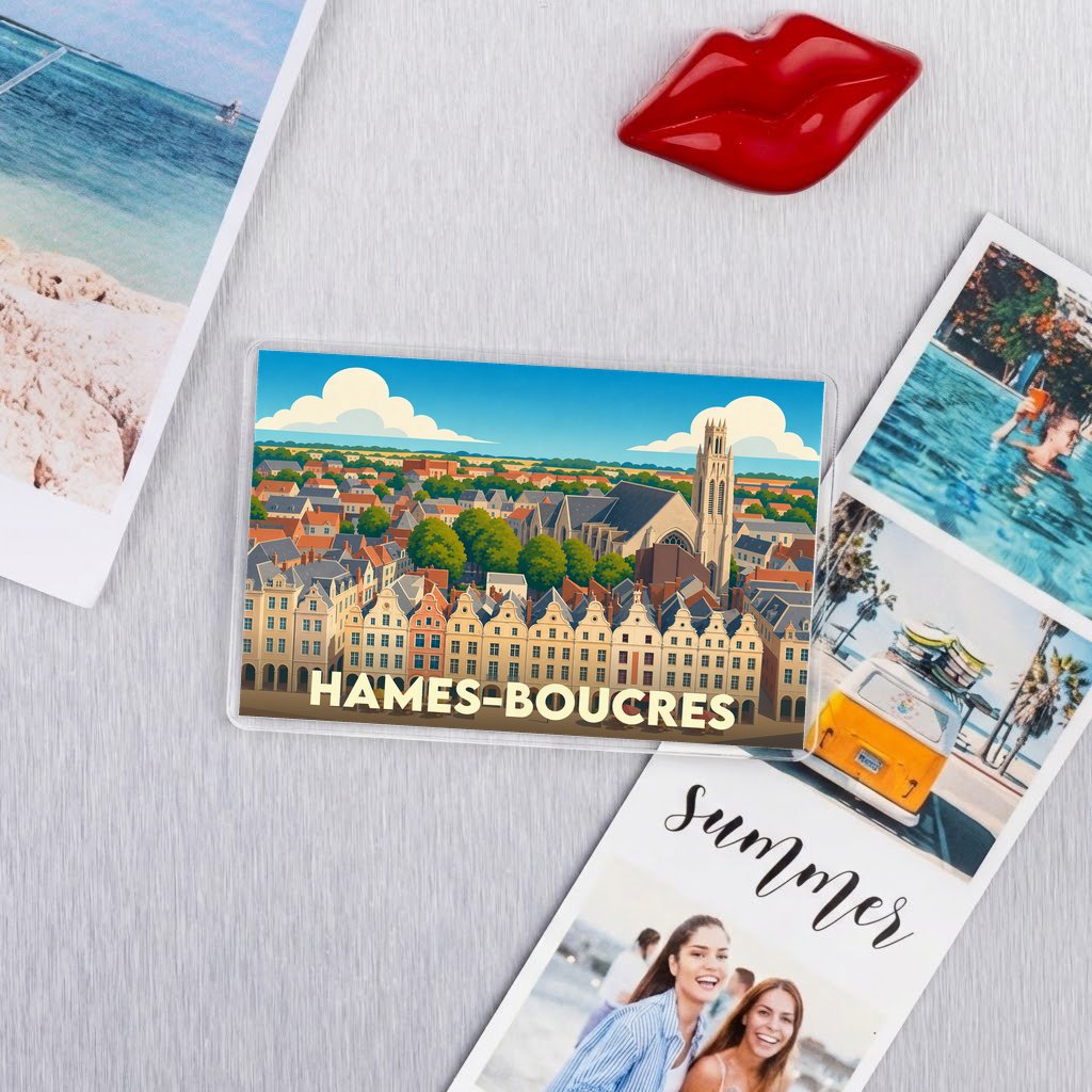 Magnet souvenir de la ville de Hames-Boucres avec une illustration stylisée d'un paysage urbain.