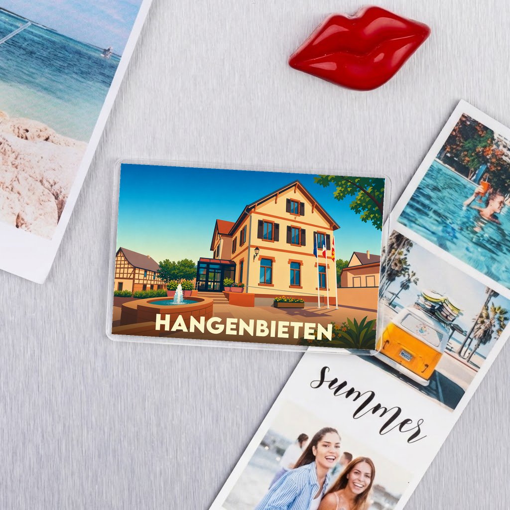 Magnet souvenir de la ville de Hangenbieten avec une illustration colorée et stylisée.