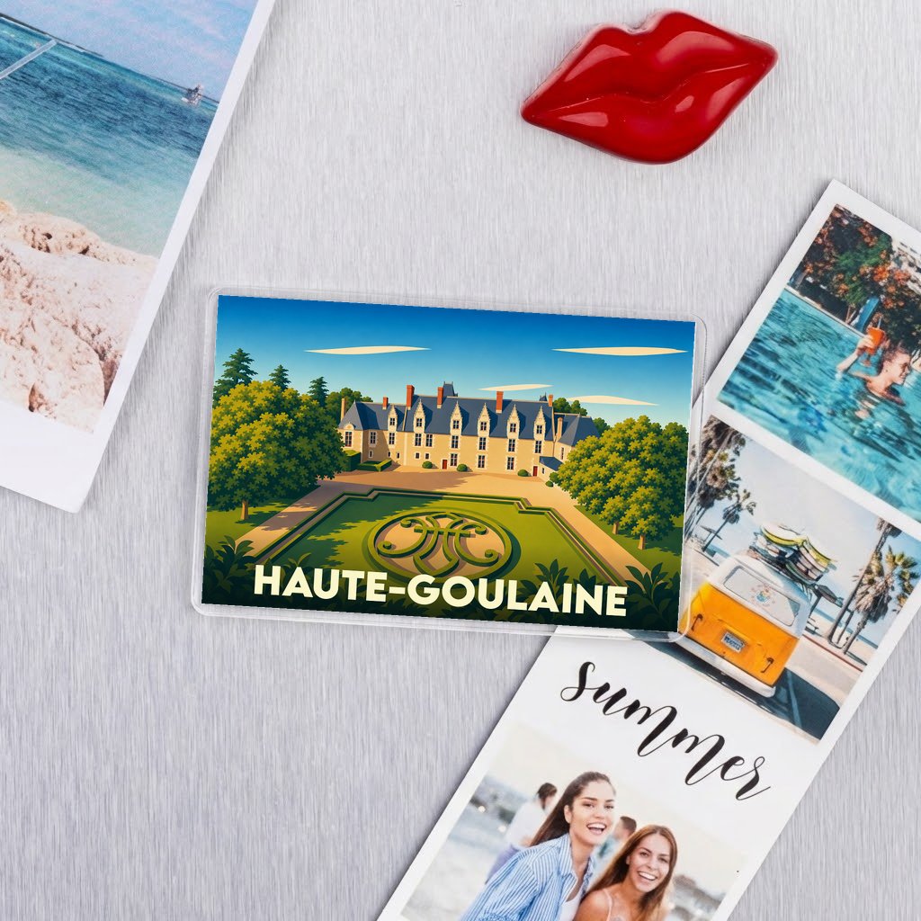 Magnet souvenir de la ville de Haute-Goulaine avec une illustration stylisée de son château.