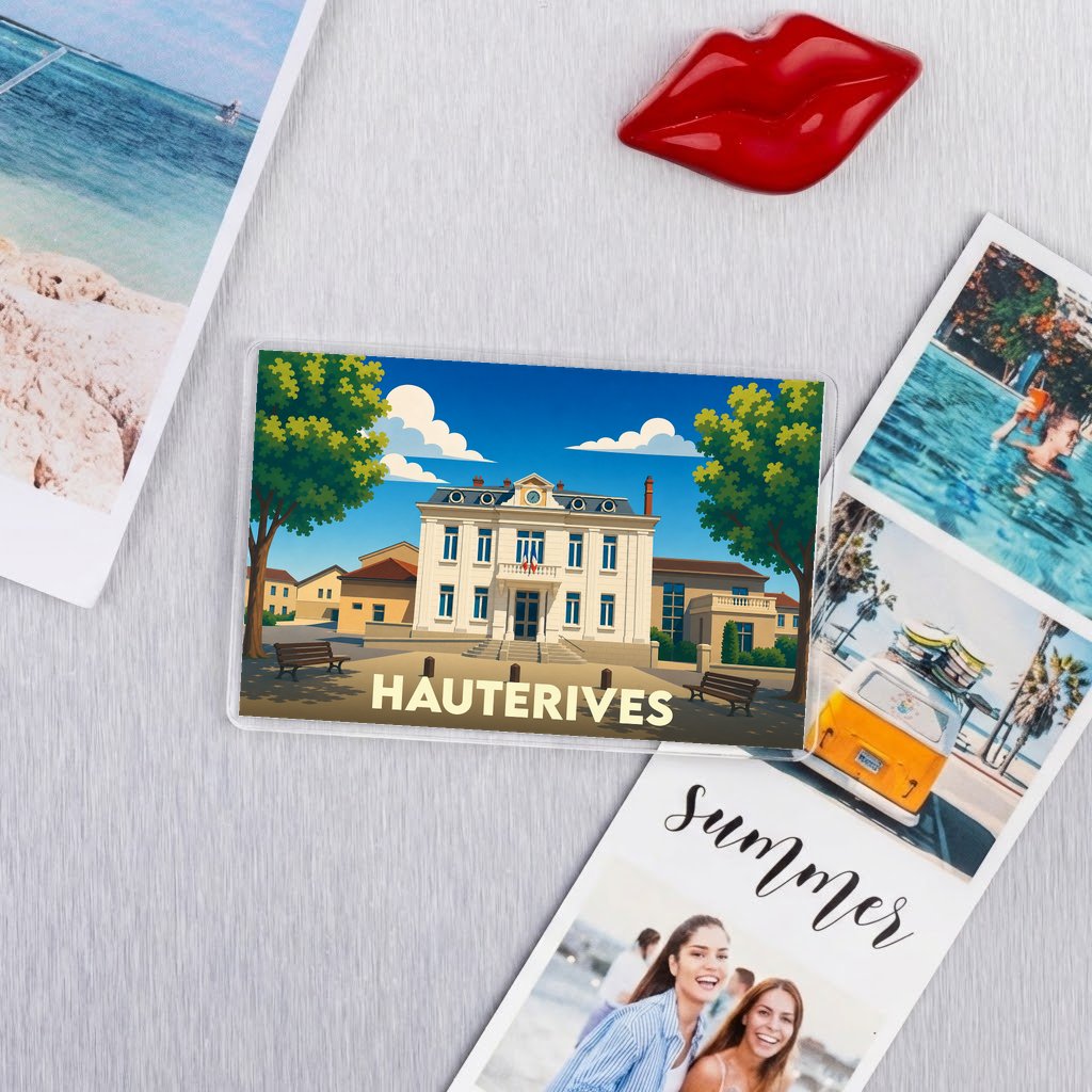 Magnet souvenir de la ville de Hauterives avec une illustration stylisée de sa mairie.