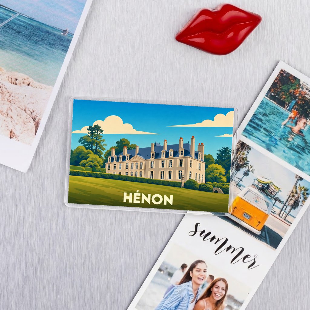 Magnet souvenir de la ville de Hénon avec une illustration stylisée d'un château.