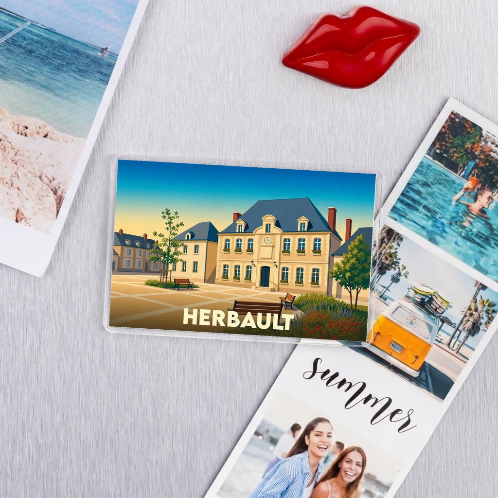 Magnet souvenir de la ville de Herbault avec une illustration stylisée.