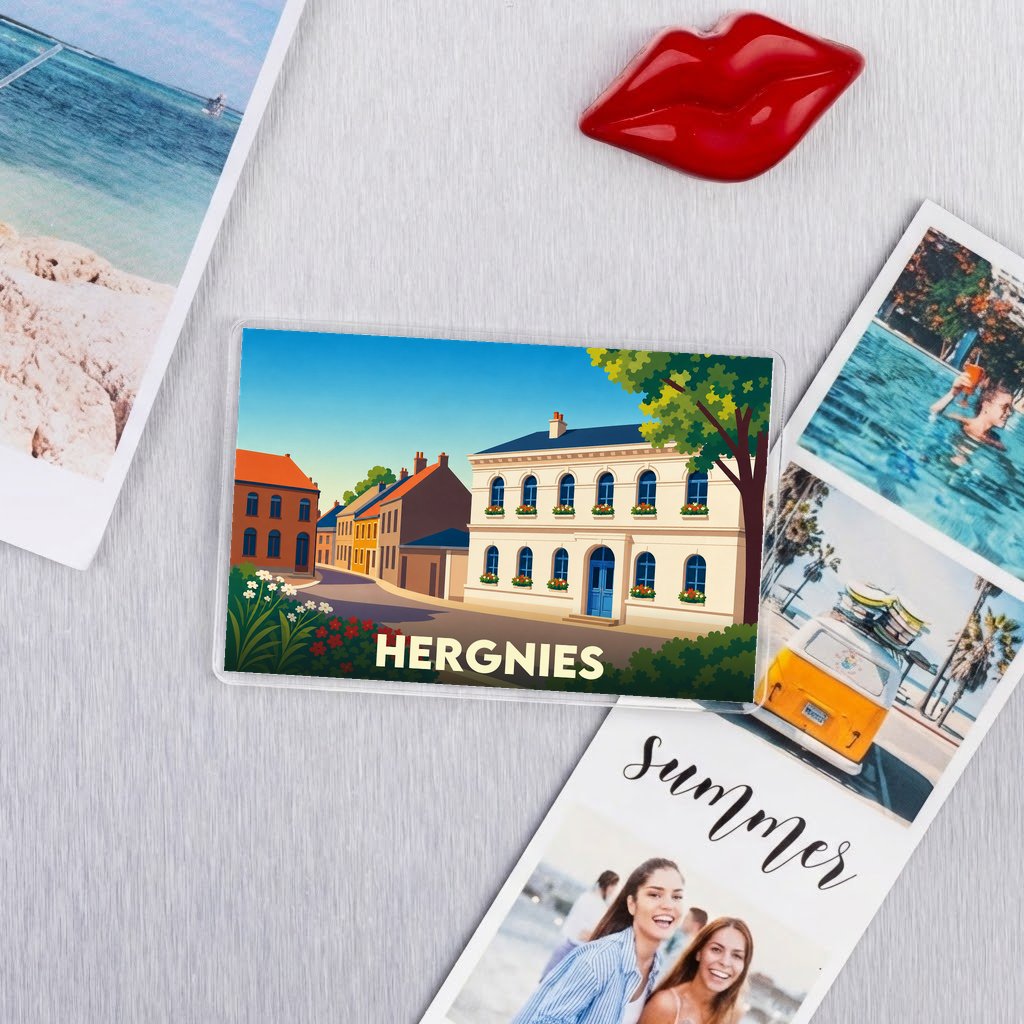 Magnet souvenir de la ville de Hergnies avec une illustration colorée et stylisée.