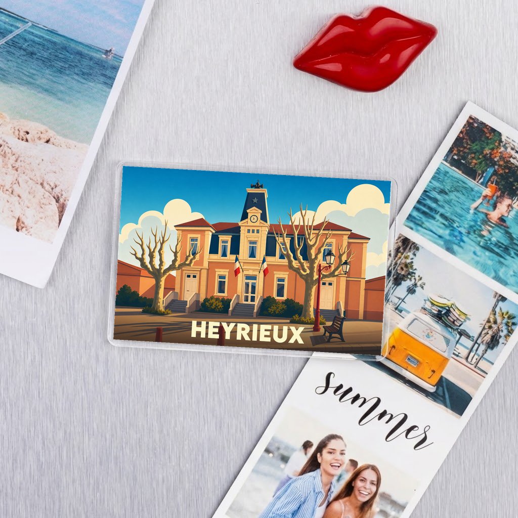 Magnet souvenir de la ville de Heyrieux avec une illustration stylisée de l'hôtel de ville.
