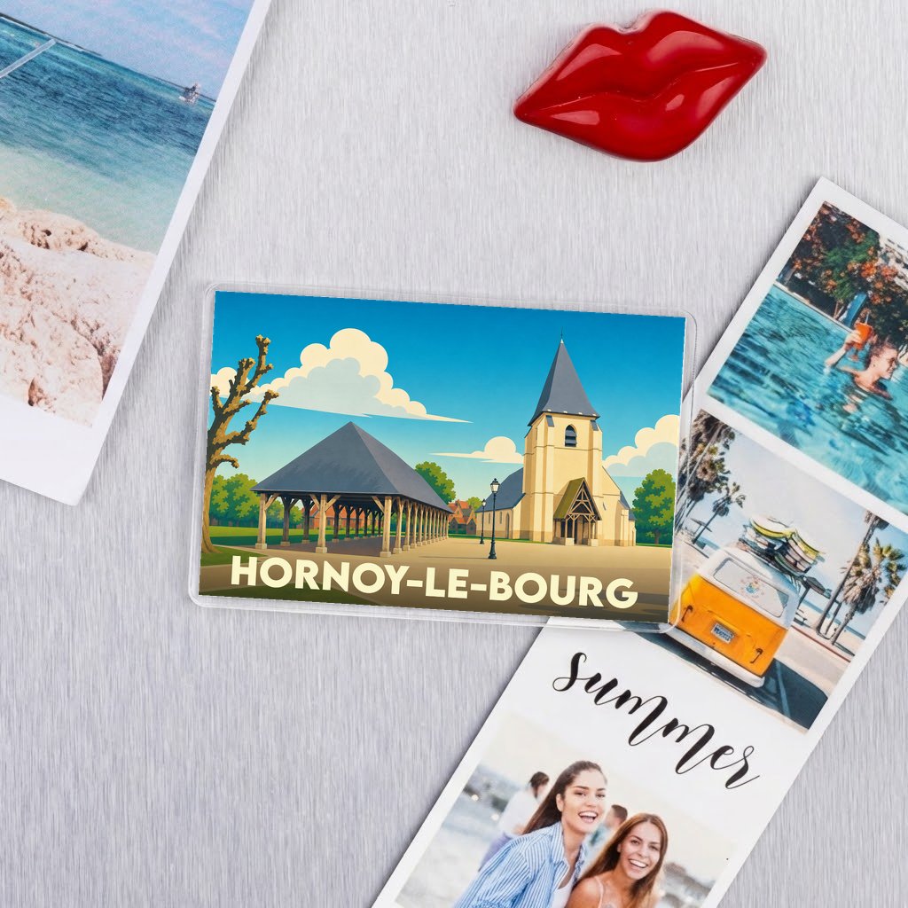 Magnet souvenir de la ville de Hornoy-le-Bourg avec une illustration stylisée.
