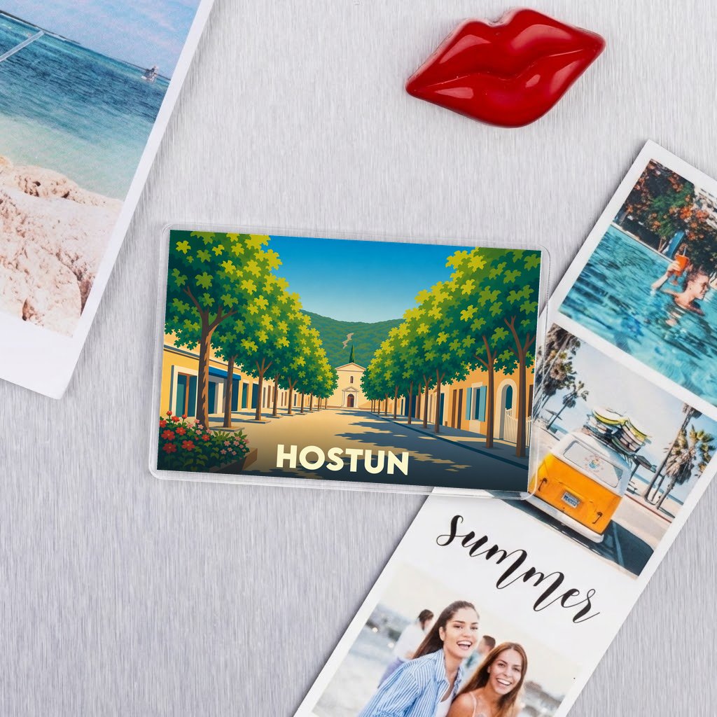 Magnet souvenir de la ville de Hostun avec une illustration stylisée.