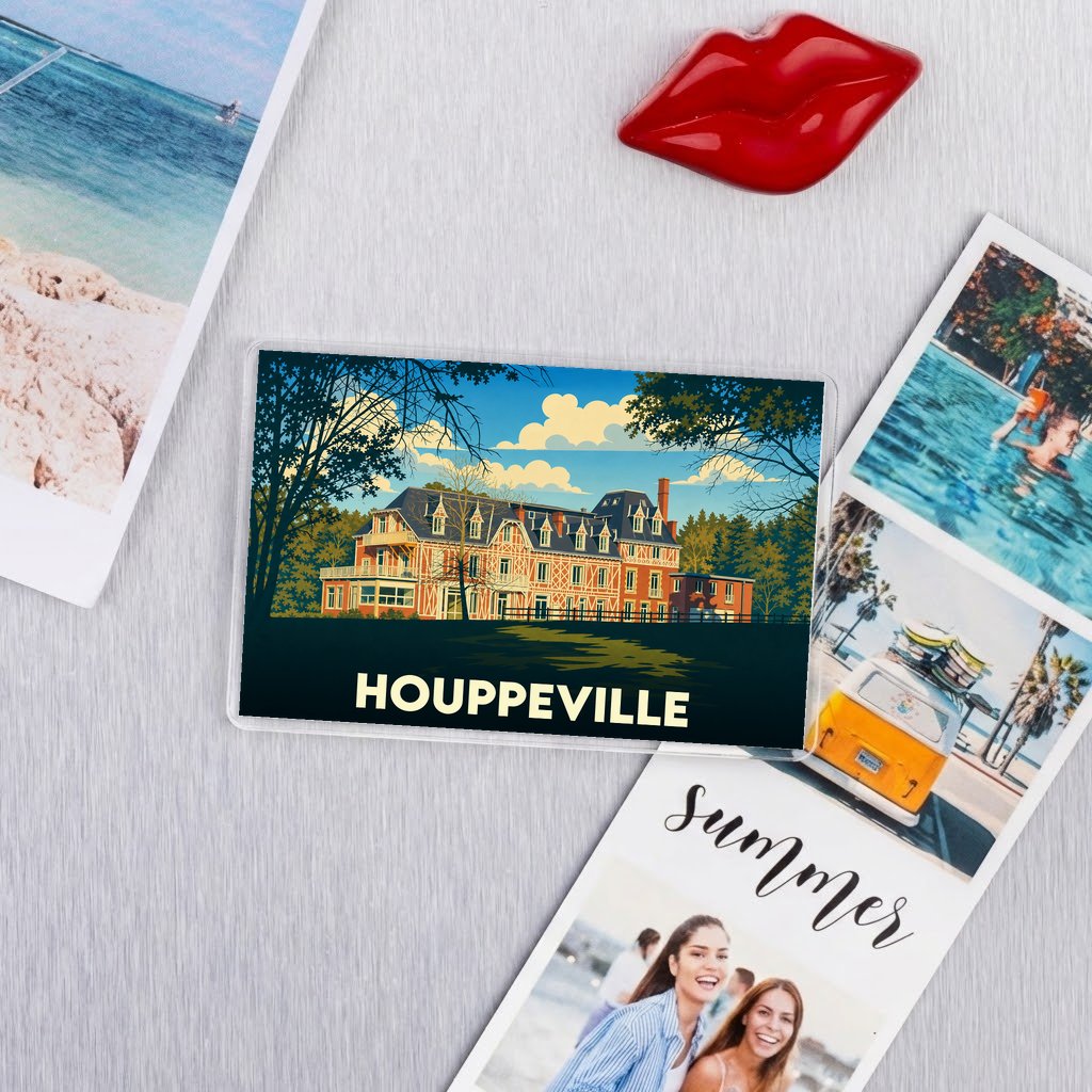 Magnet souvenir de la ville de Houppeville avec une illustration stylisée d'un grand bâtiment à colombages.